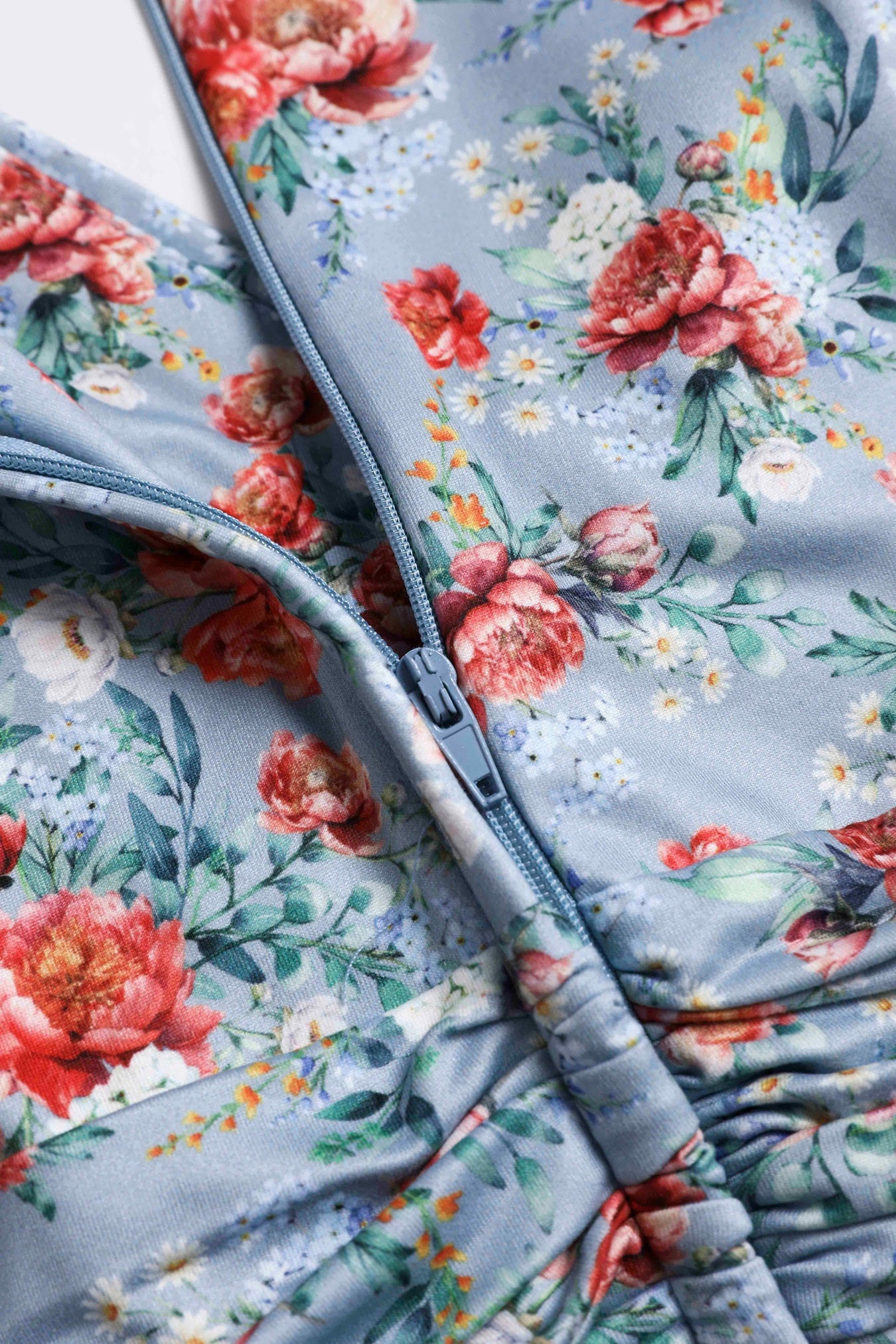 Close up view of Poppy Flowers Day Dress in Baby Blue