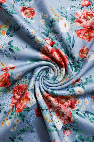 Close up view of Poppy Flowers Day Dress in Baby Blue
