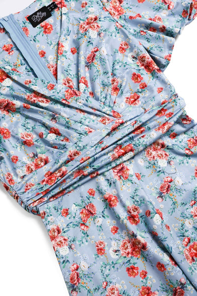 Close up view of Poppy Flowers Day Dress in Baby Blue