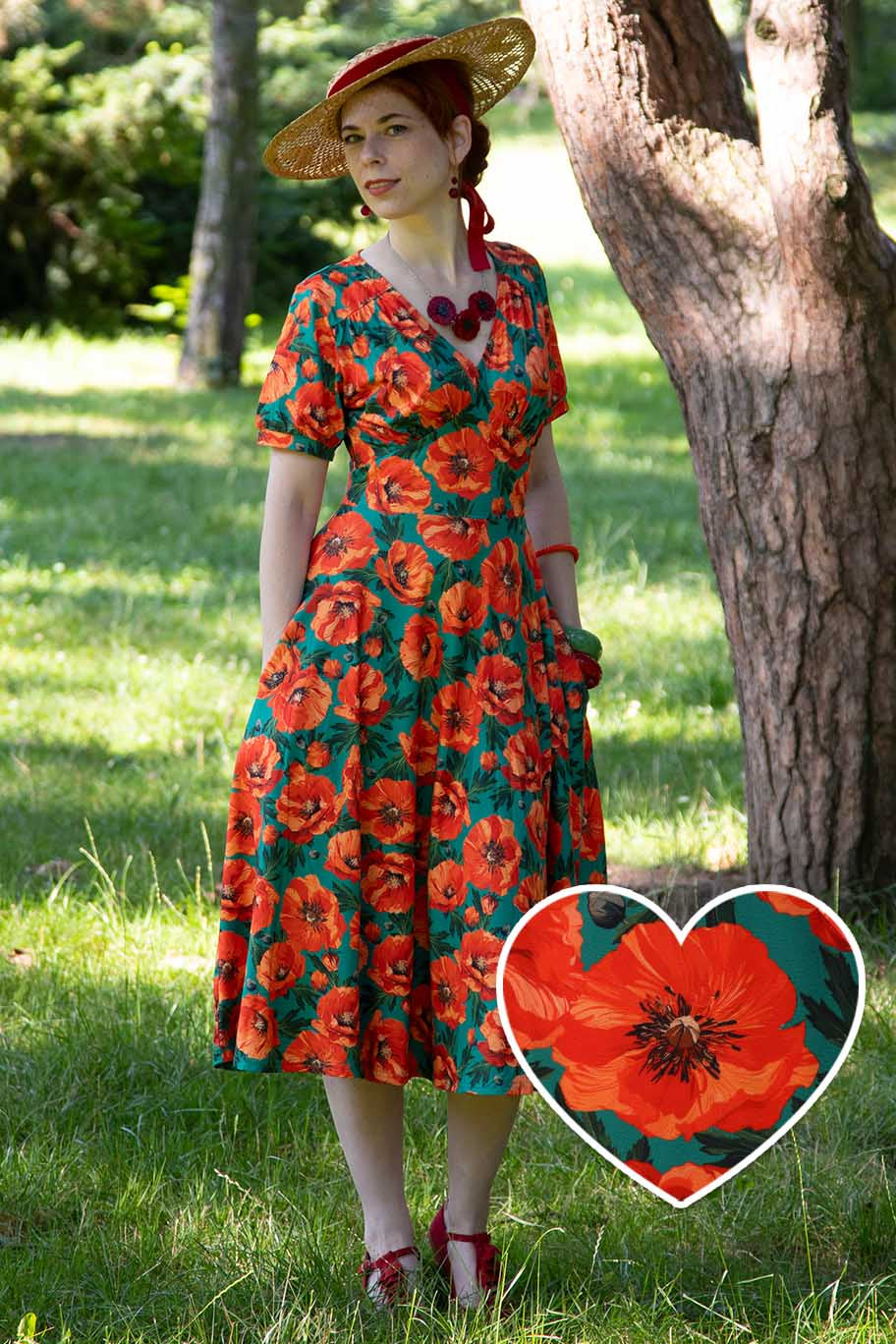 A model wearing a Julia Poppy Midi Dress In Teal