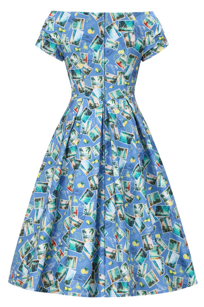 Back view of Postage Stamp Off Shoulder Dress In Blue