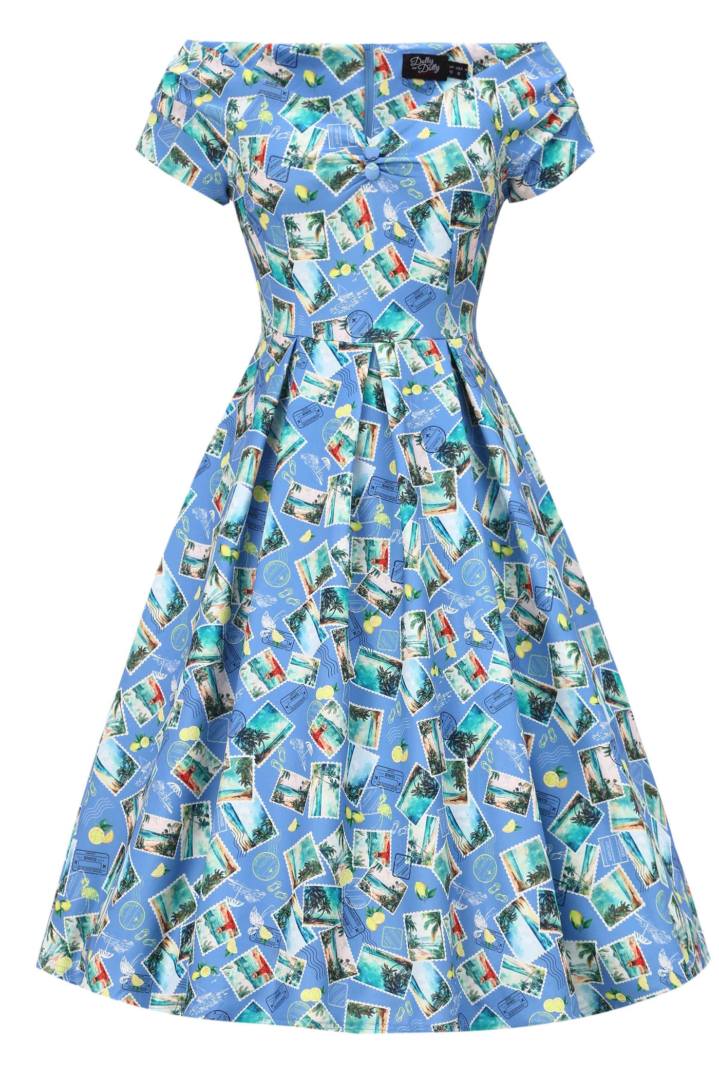 Front view of Postage Stamp Off Shoulder Dress In Blue