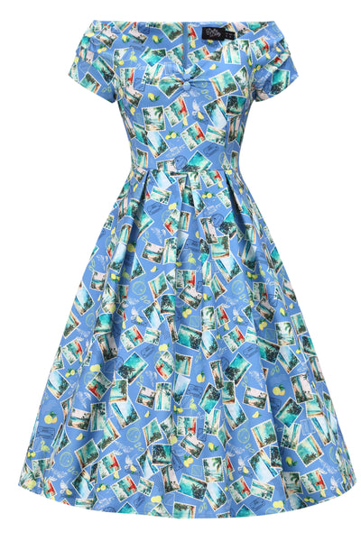 Front view of Postage Stamp Off Shoulder Dress In Blue