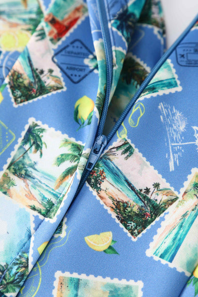 Close up view of Postage Stamp Off Shoulder Dress In Blue