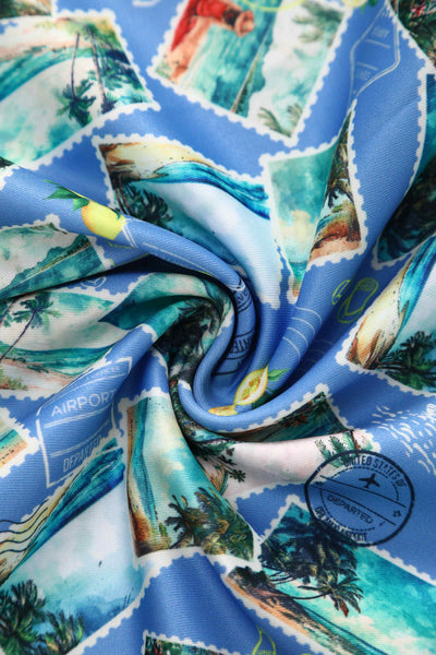 Close up view of Postage Stamp Off Shoulder Dress In Blue