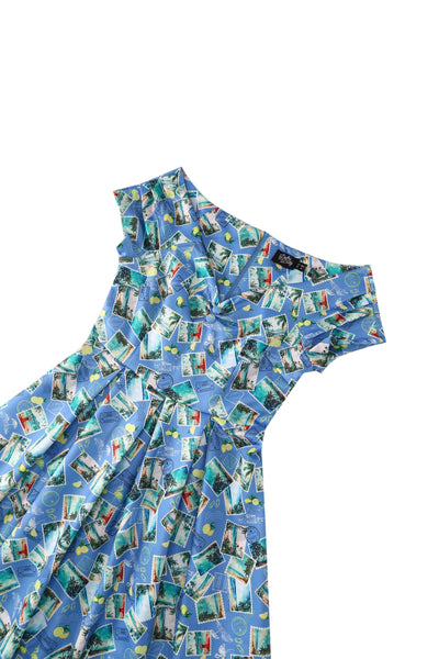 Close up view of Postage Stamp Off Shoulder Dress In Blue