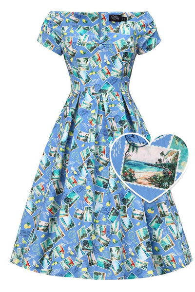 Front view of Postage Stamp Off Shoulder Dress In Blue