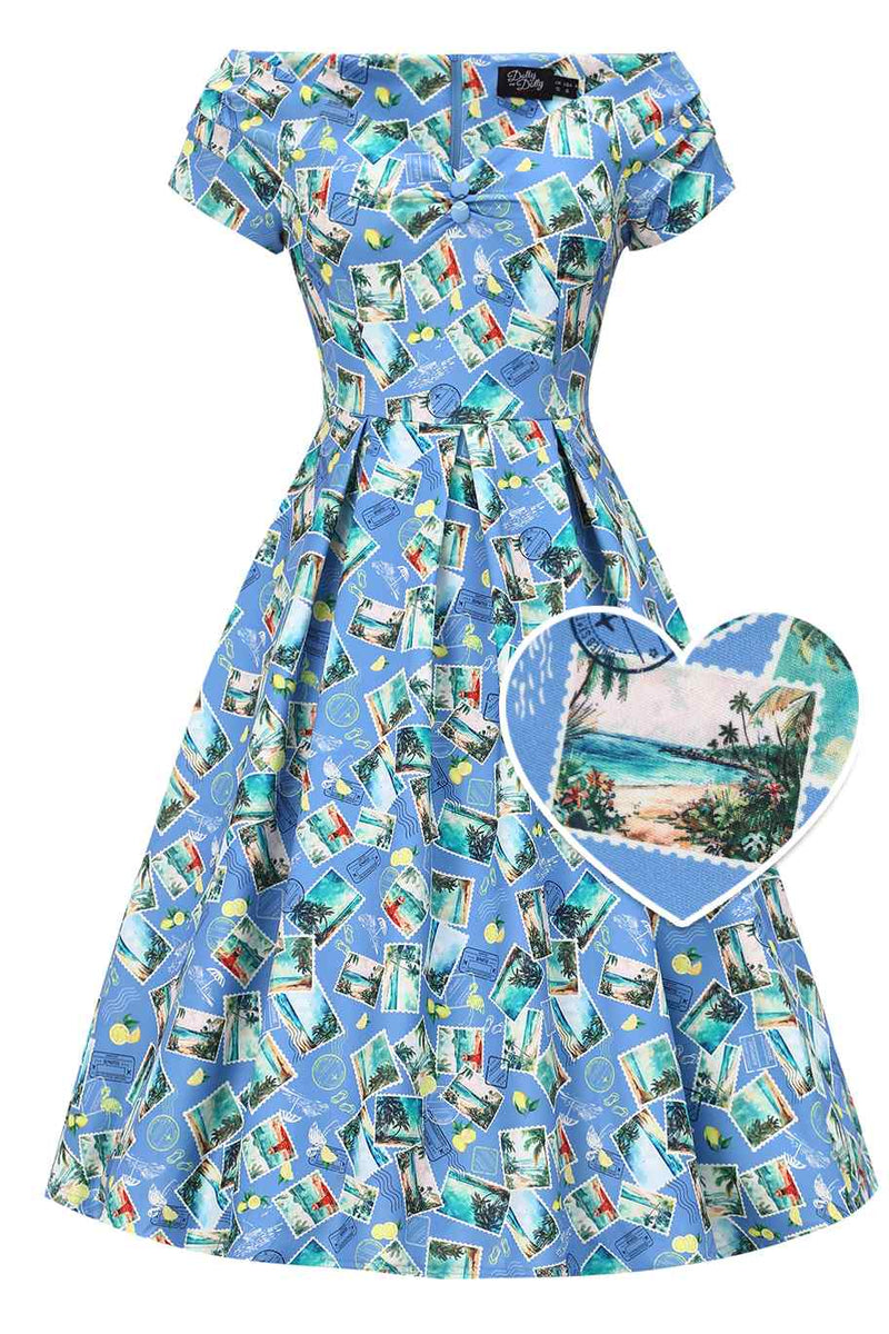 Front view of Postage Stamp Off Shoulder Dress In Blue