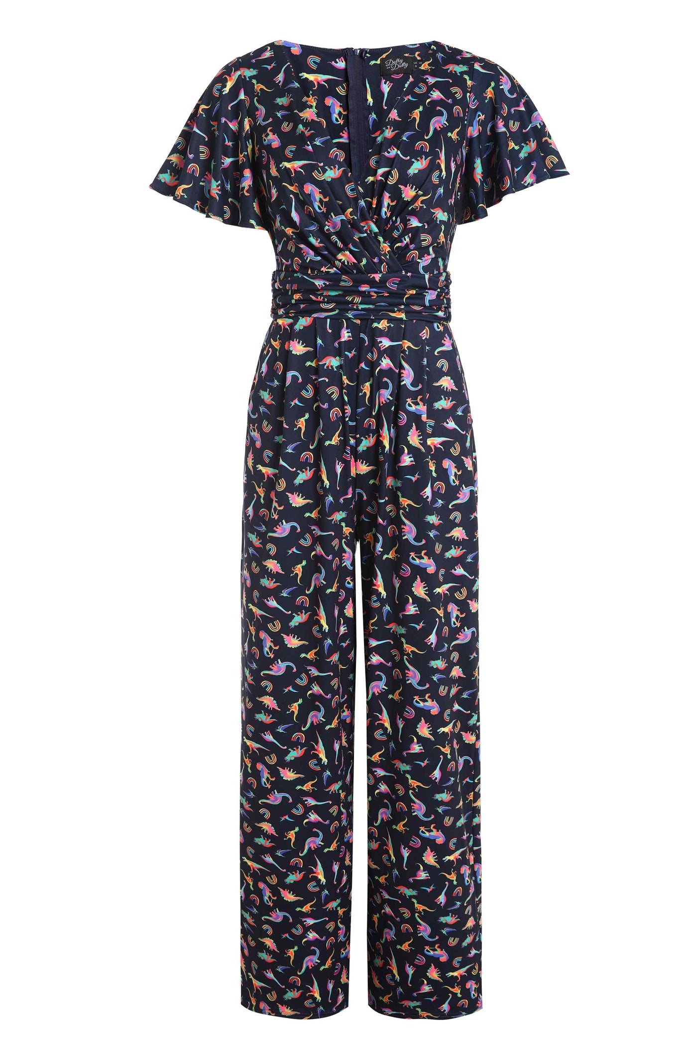 Front view of Dinosaurs & Rainbow Black Jumpsuit