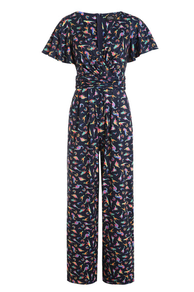 Front view of Dinosaurs & Rainbow Black Jumpsuit