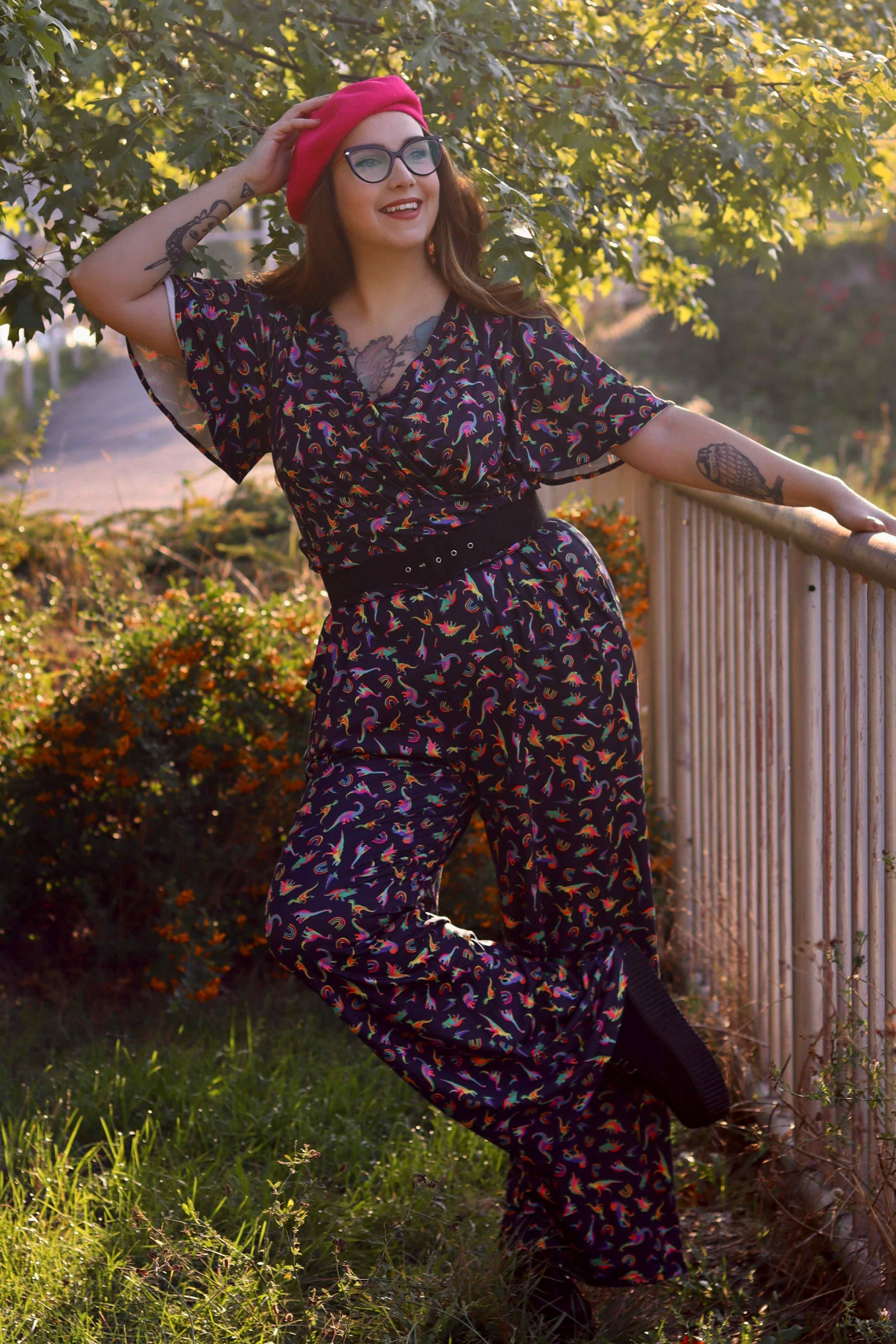 Esther Prehistorical Dinosaurs & Rainbow Black Jumpsuit