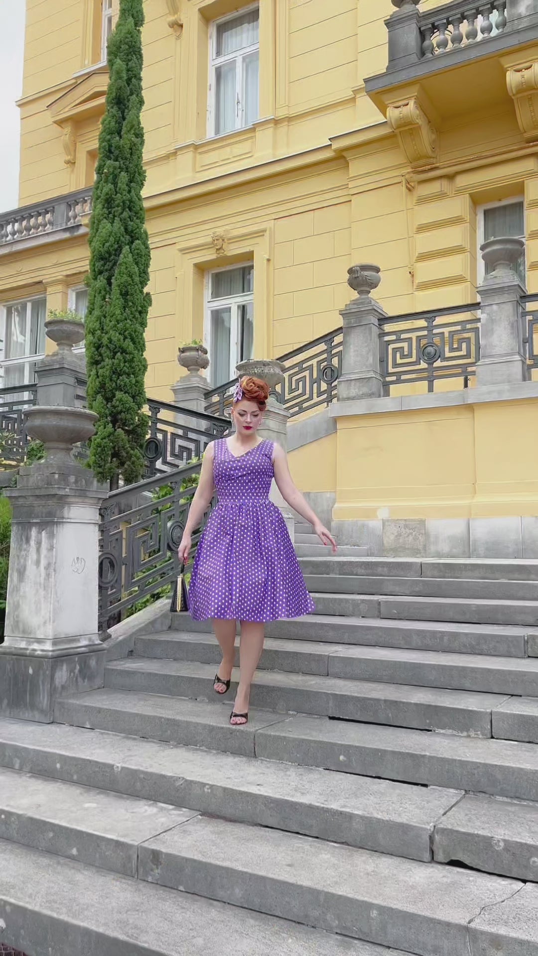 May Crossover Bust Purple White Polka Dot Dress