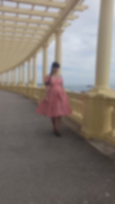 Video of a model walking and wearing red and white checkered dress.