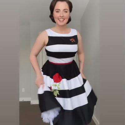 miss.sweet.scarlett4 wearing our Annie Embroidered Rose Stripe Swing Dress in Black-White