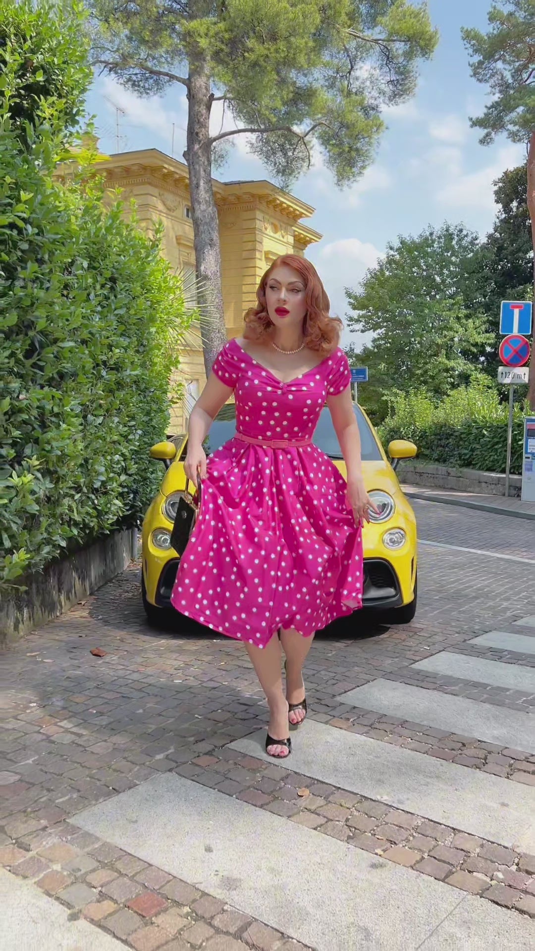 Lily Off-Shoulder Polka Dot Evening Dress in Hot Pink/White