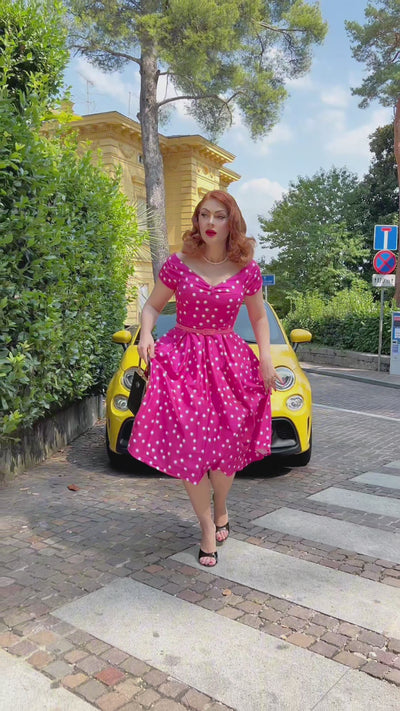 Lily Off-Shoulder Polka Dot Evening Dress in Hot Pink/White