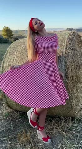 Samantha_Cavalieri wearing our Darlene Retro Red Gingham Swing Dress at a field.