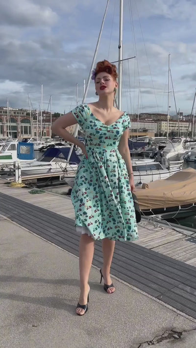 Scooter Print Off Shoulder Dress in Turquoise Blue