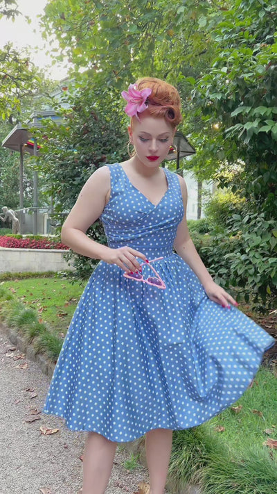 May Crossover Bust Blue and White Polka Dot Dress