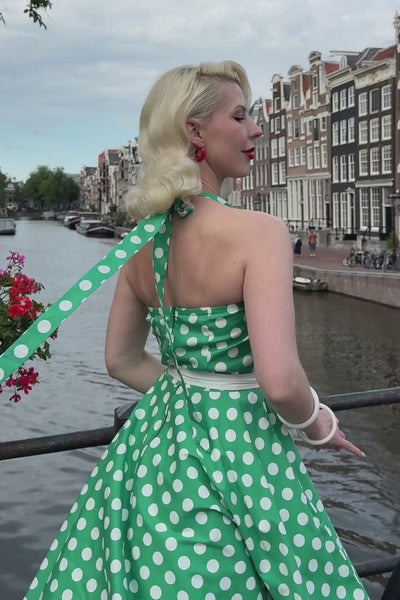Video of Daisy Green Polka Dot Halter Dress