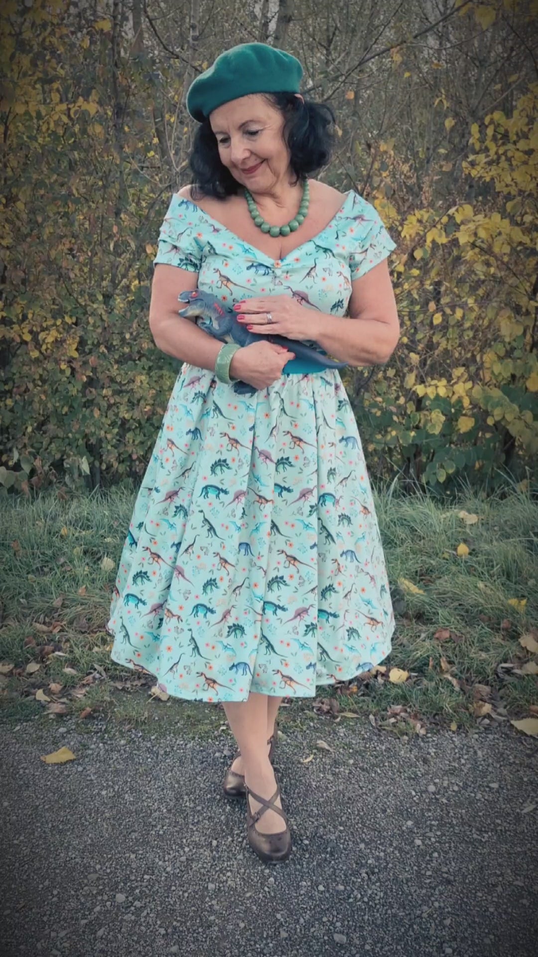 Off Shoulder Mid Calf Dress In Green Fossil Print