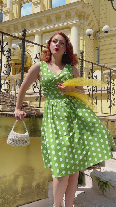 May Crossover Bust Green White Polka Dot Dress