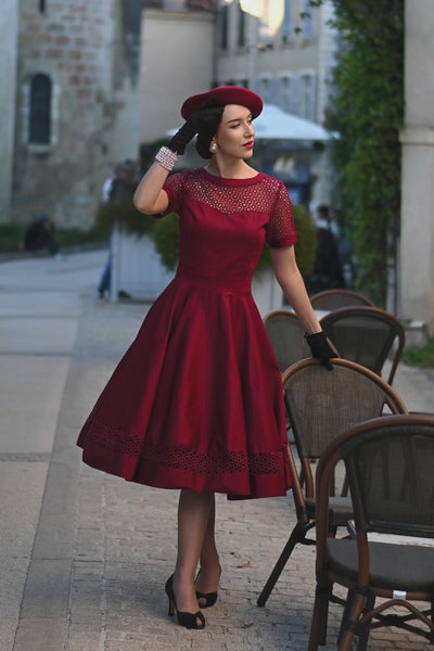 Video a lady wearing a Tess Lace Sleeved Dress in Burgundy