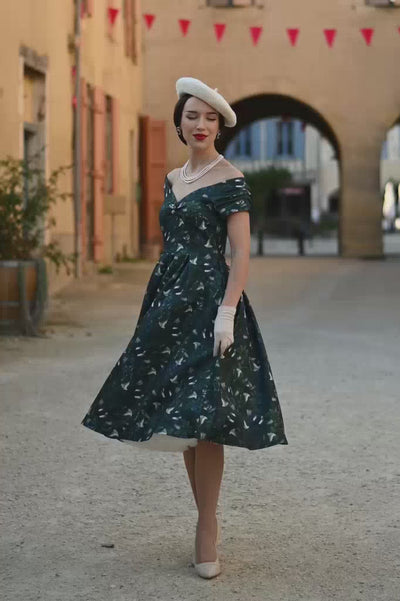 Lily Dark Green Off Shoulder Dress In Magpie Print