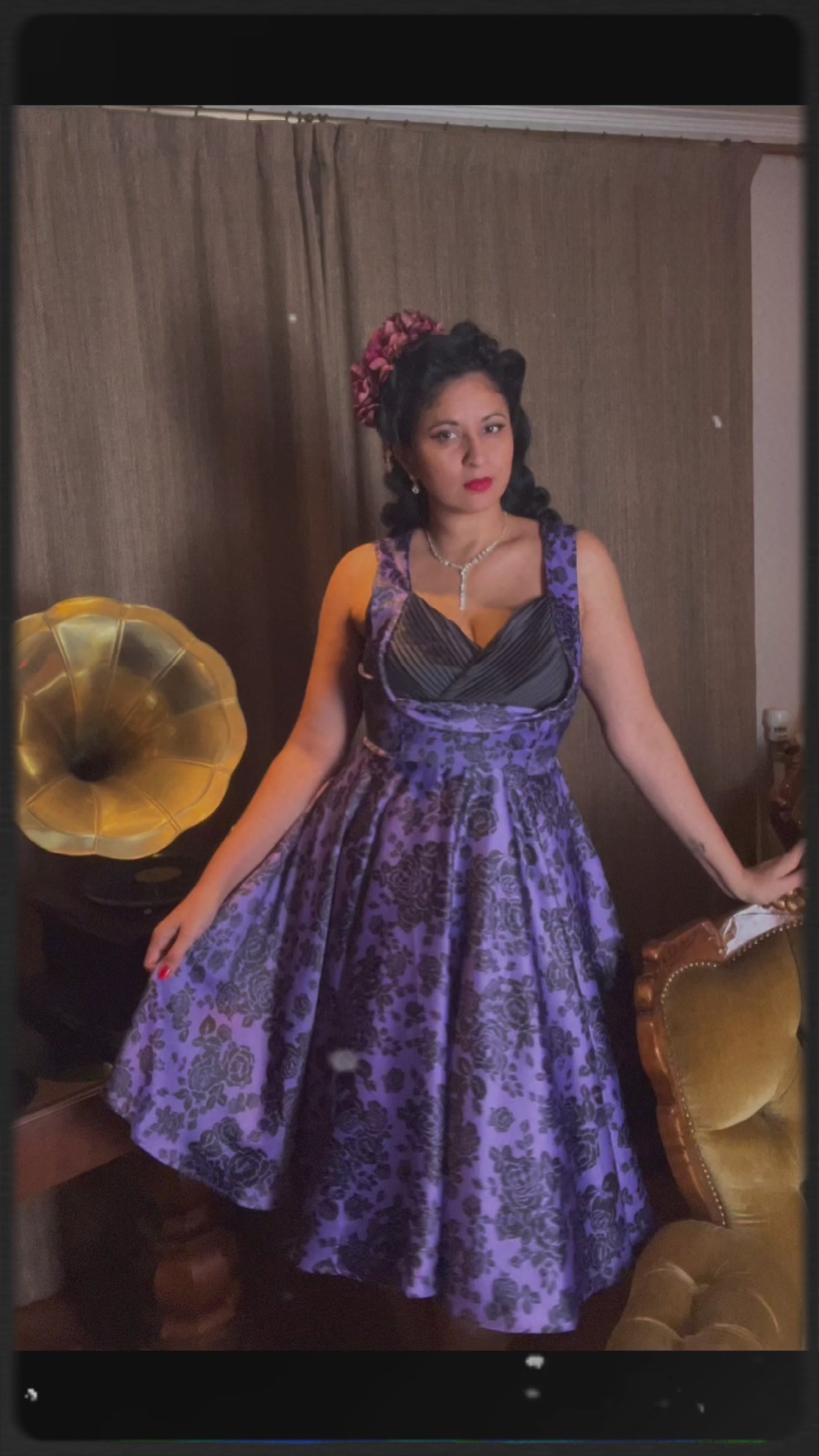 Model wearing our Grace Purple Pleated-Bust Dress.