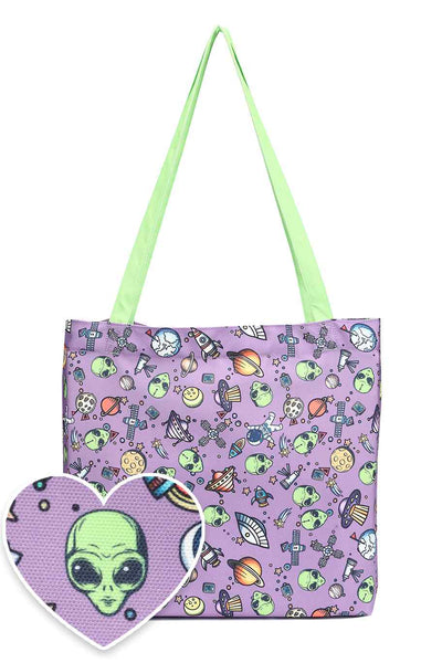 Purple Alien & Space Print Canvas Tote Bag
