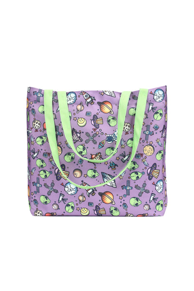 Purple Alien & Space Print Canvas Tote Bag