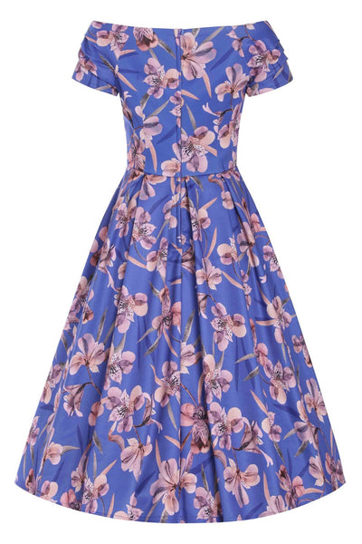 Back  view of Purple Alstroemeria Off Shoulder Dress