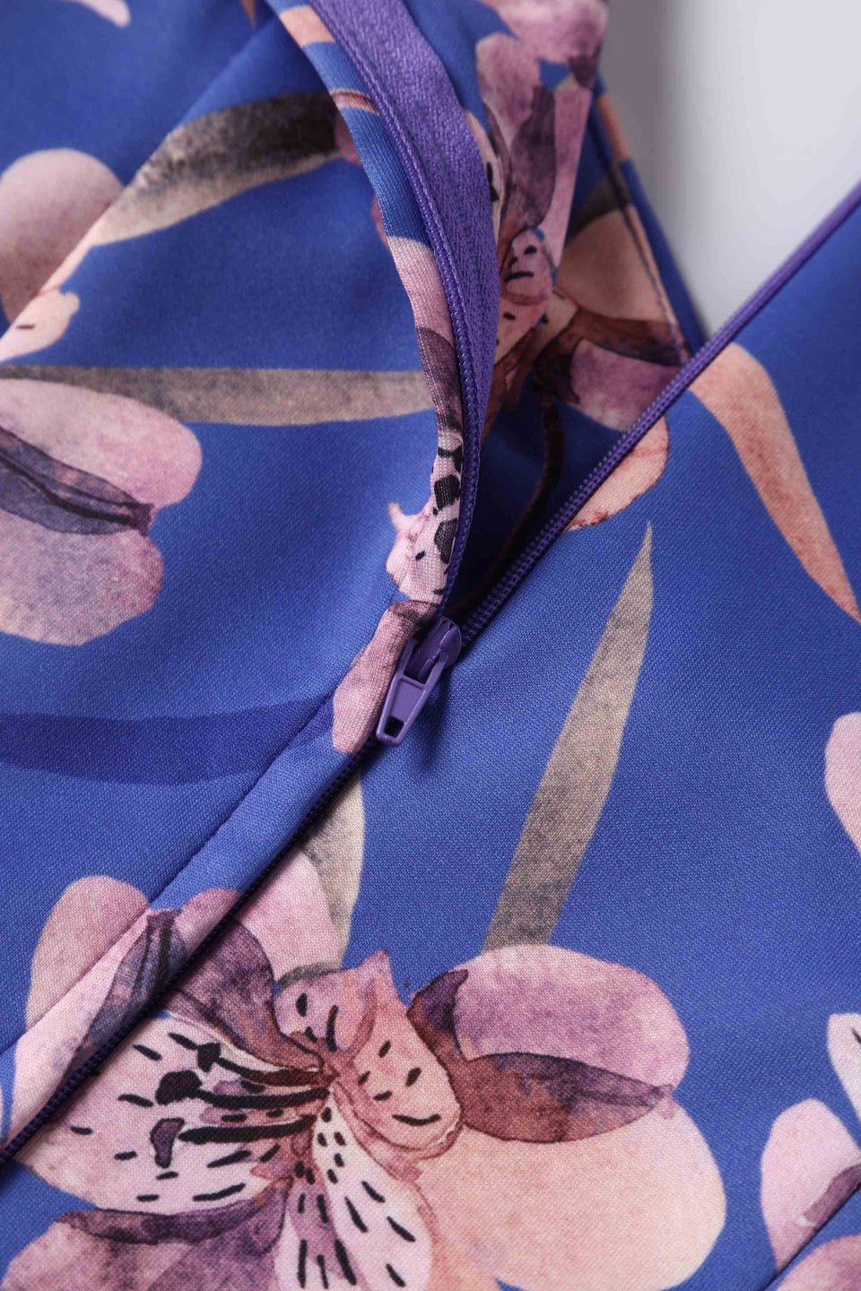 Close up  view of Purple Alstroemeria Off Shoulder Dress
