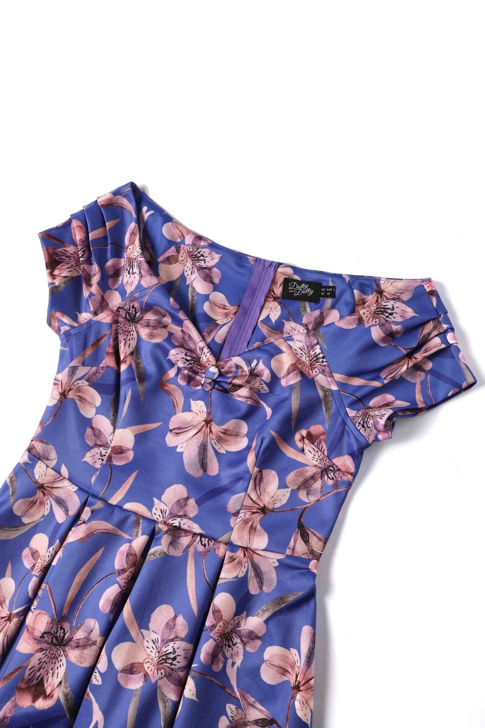 Close up  view of Purple Alstroemeria Off Shoulder Dress