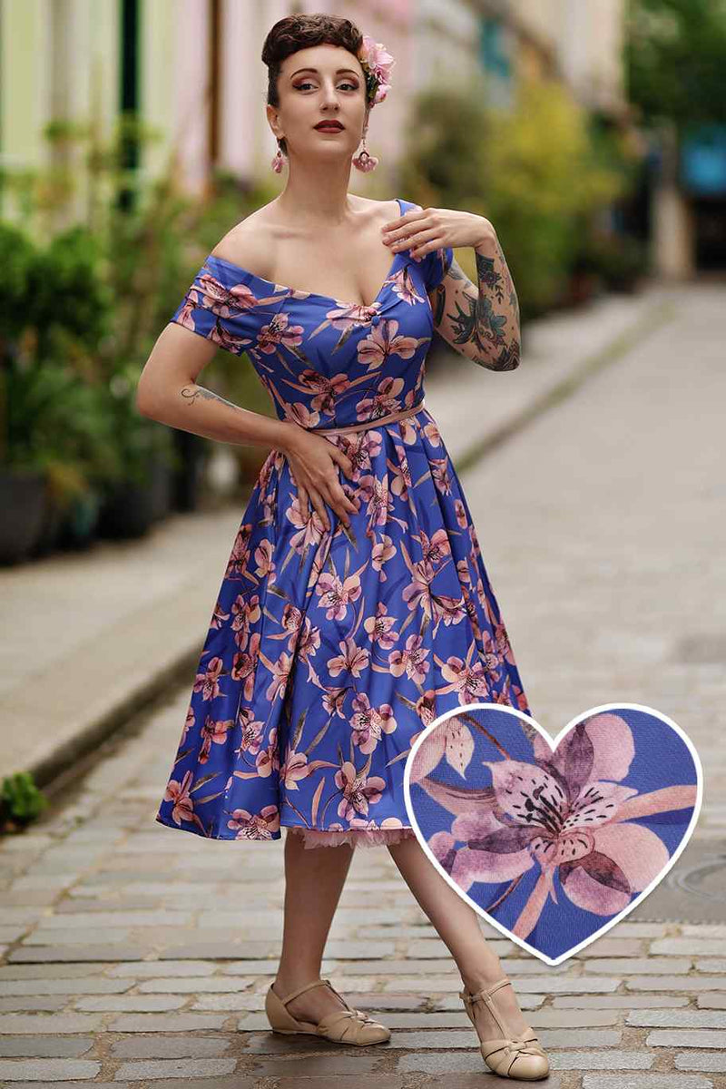 Lily Purple Alstroemeria Off Shoulder Dress