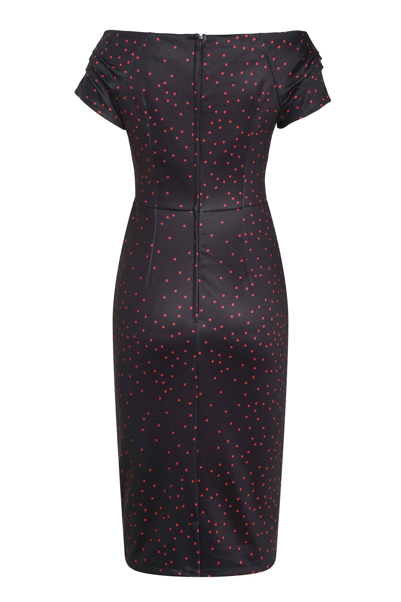 Back View of Purple and Red Polka Dot  Off Shoulder Pencil Dress