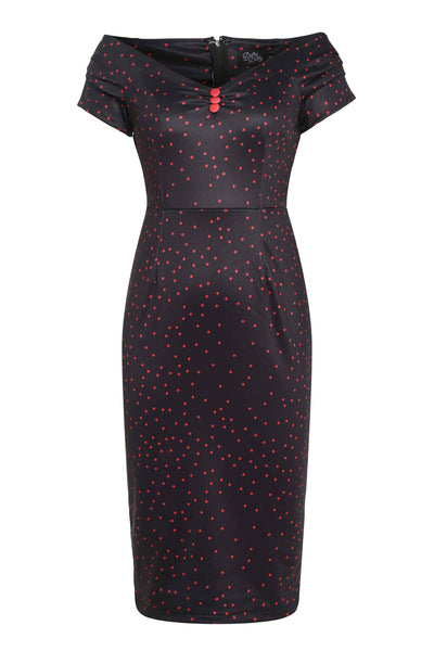 Front View of Purple and Red Polka Dot  Off Shoulder Pencil Dress