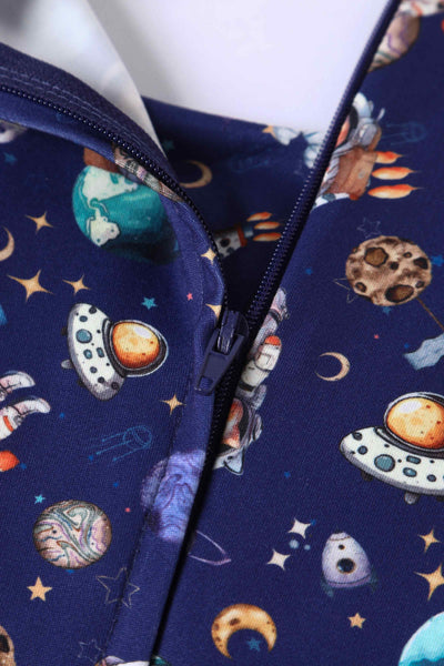 Close up View of Purple Astronaut Cat In Space Flared Dress in Blue