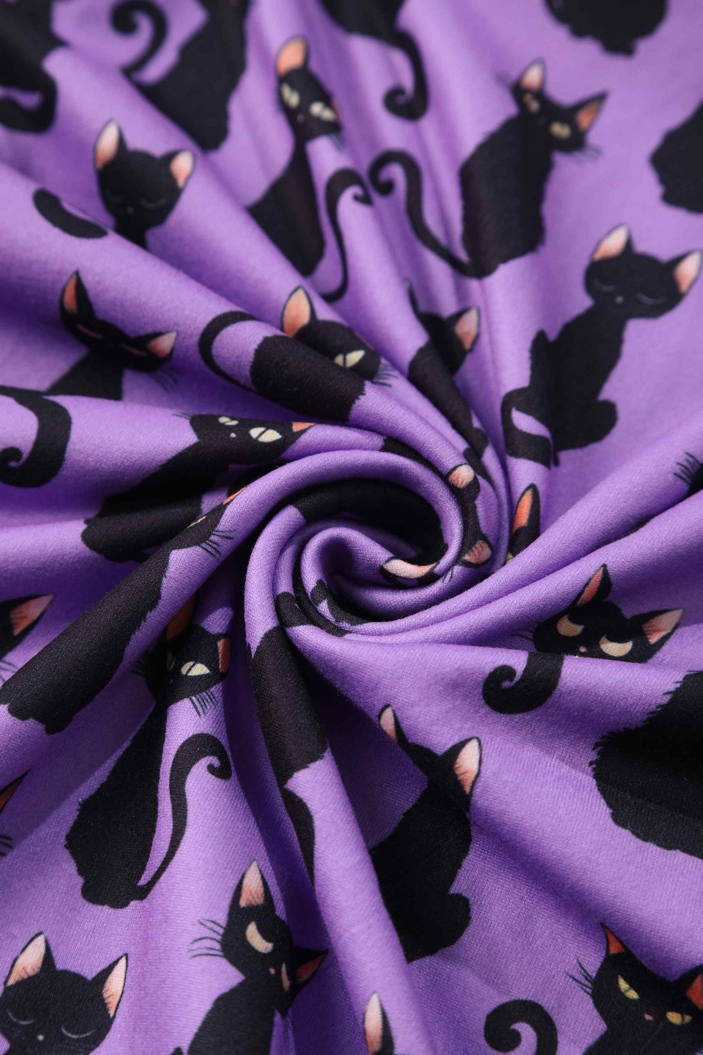 Close up view of Purple Black Cat Flared Dress