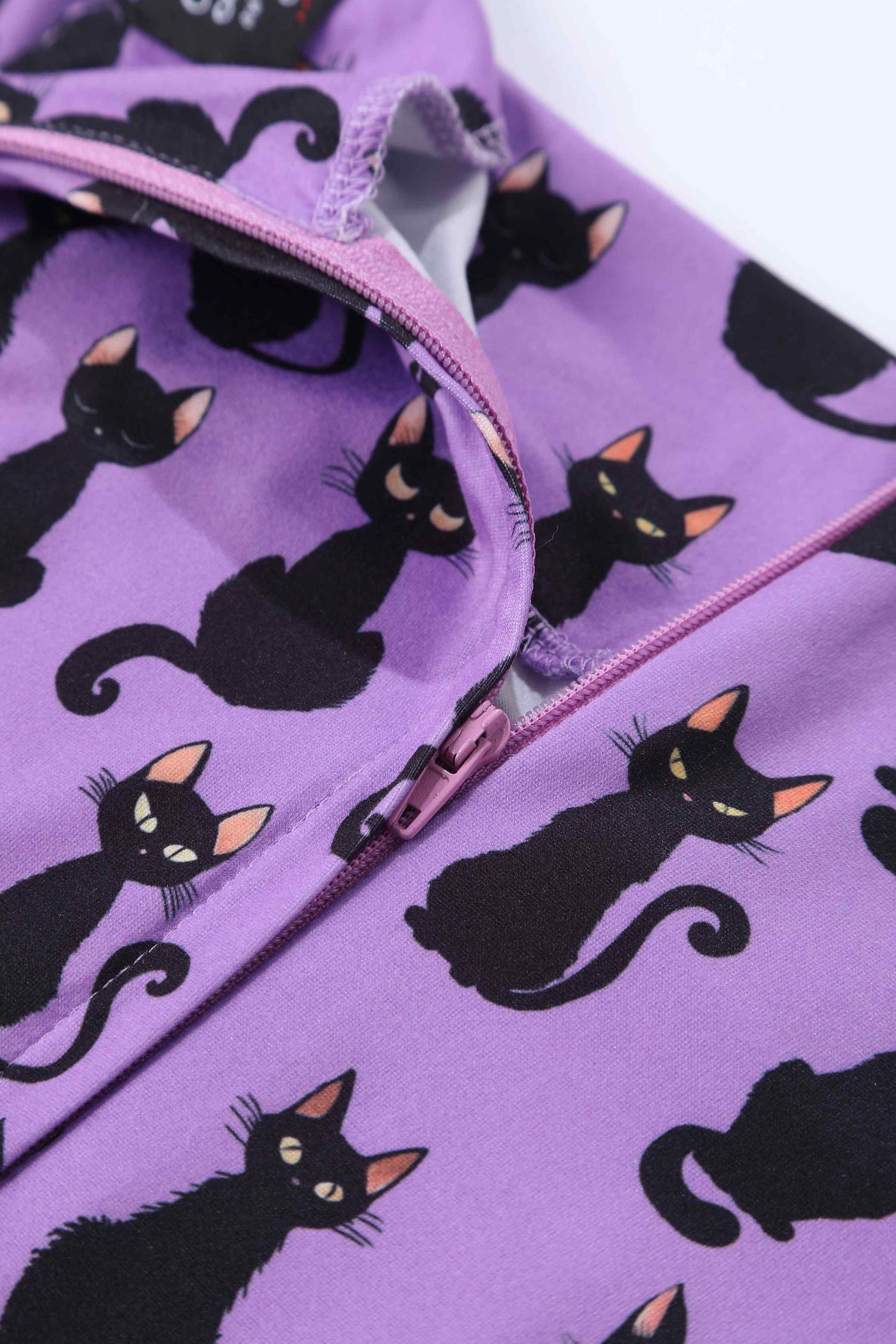 Close up view of Purple Black Cat Flared Dress