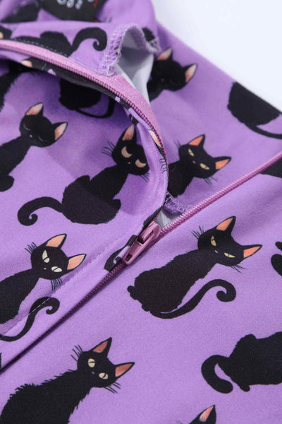 Close up view of Purple Black Cat Flared Dress