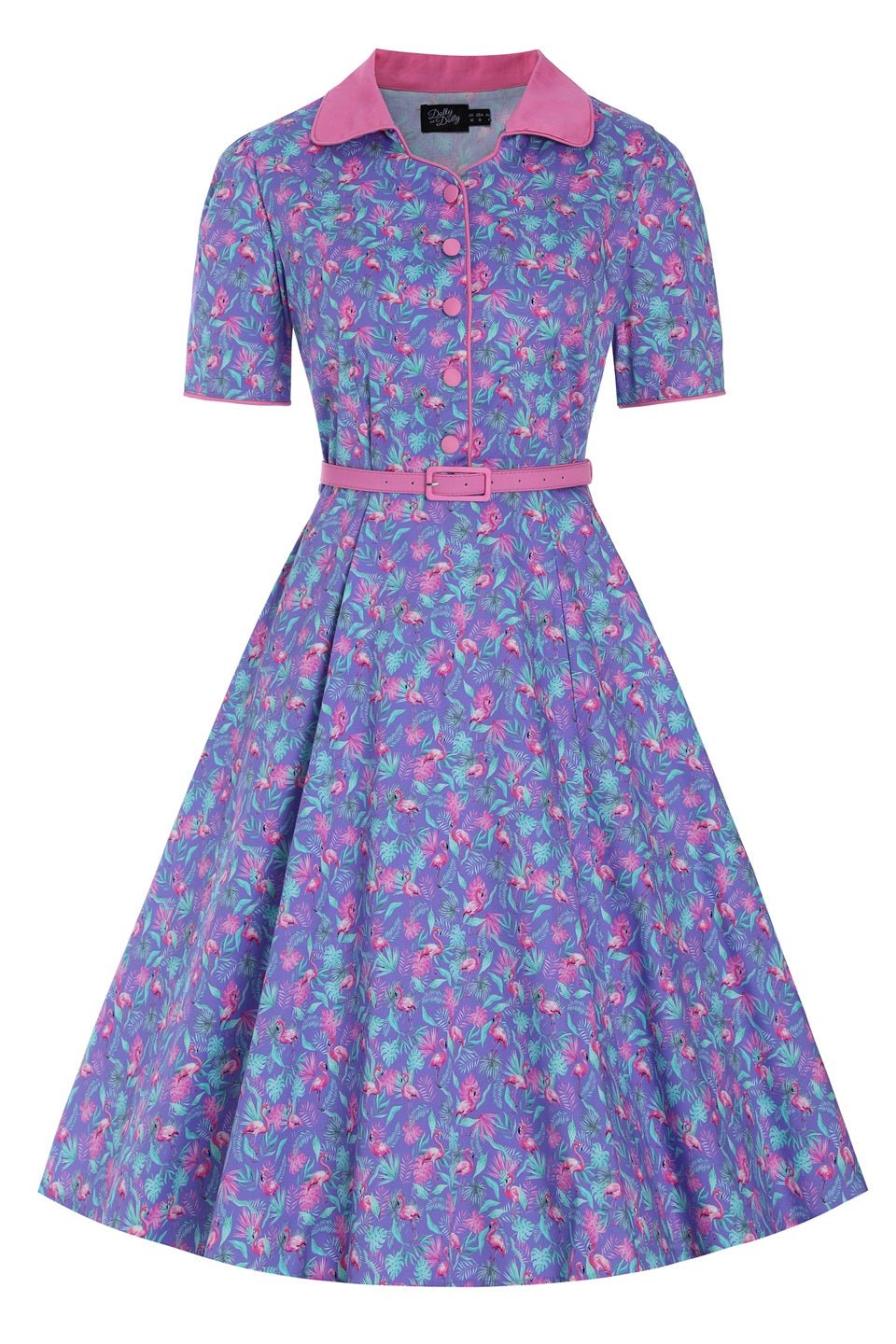Front view of Purple Flamingo Shirt Dress