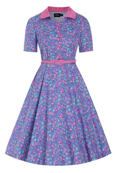 Front view of Purple Flamingo Shirt Dress
