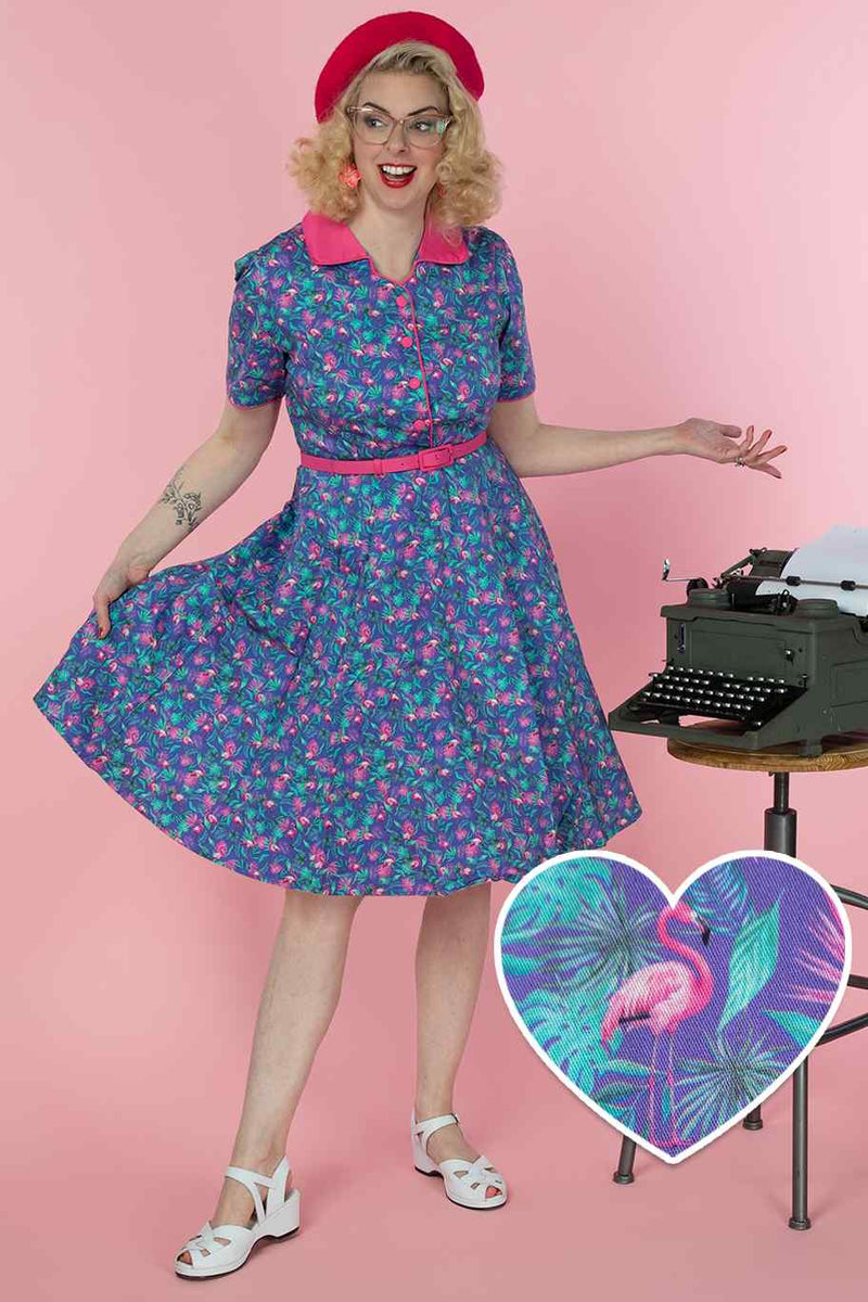 A model wearing a Purple Flamingo Shirt Dress