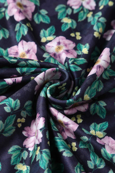 Close up view of Purple Floral Print Flared Dress in Black