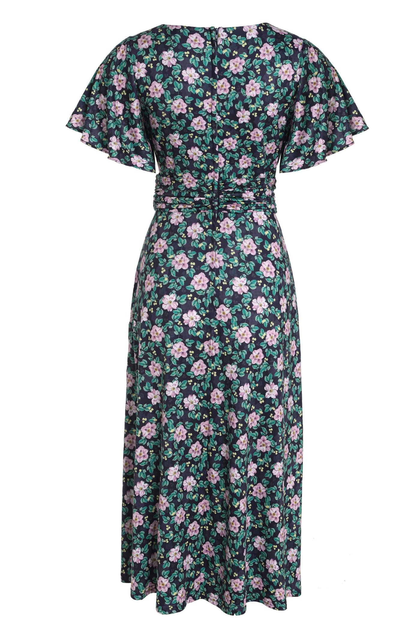 Back View of Purple Floral Ruffled Casual Dress