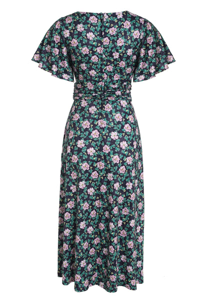 Back View of Purple Floral Ruffled Casual Dress