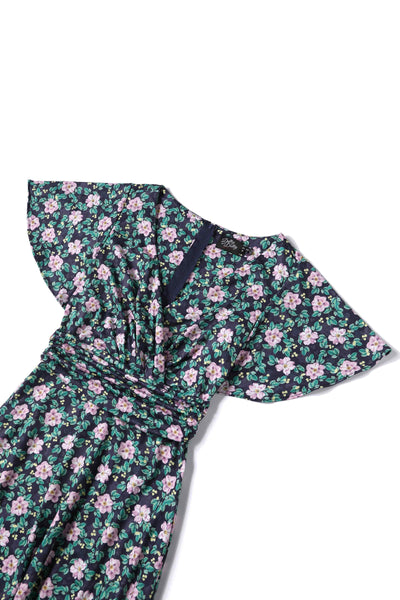 Close up View of Purple Floral Ruffled Casual Dress
