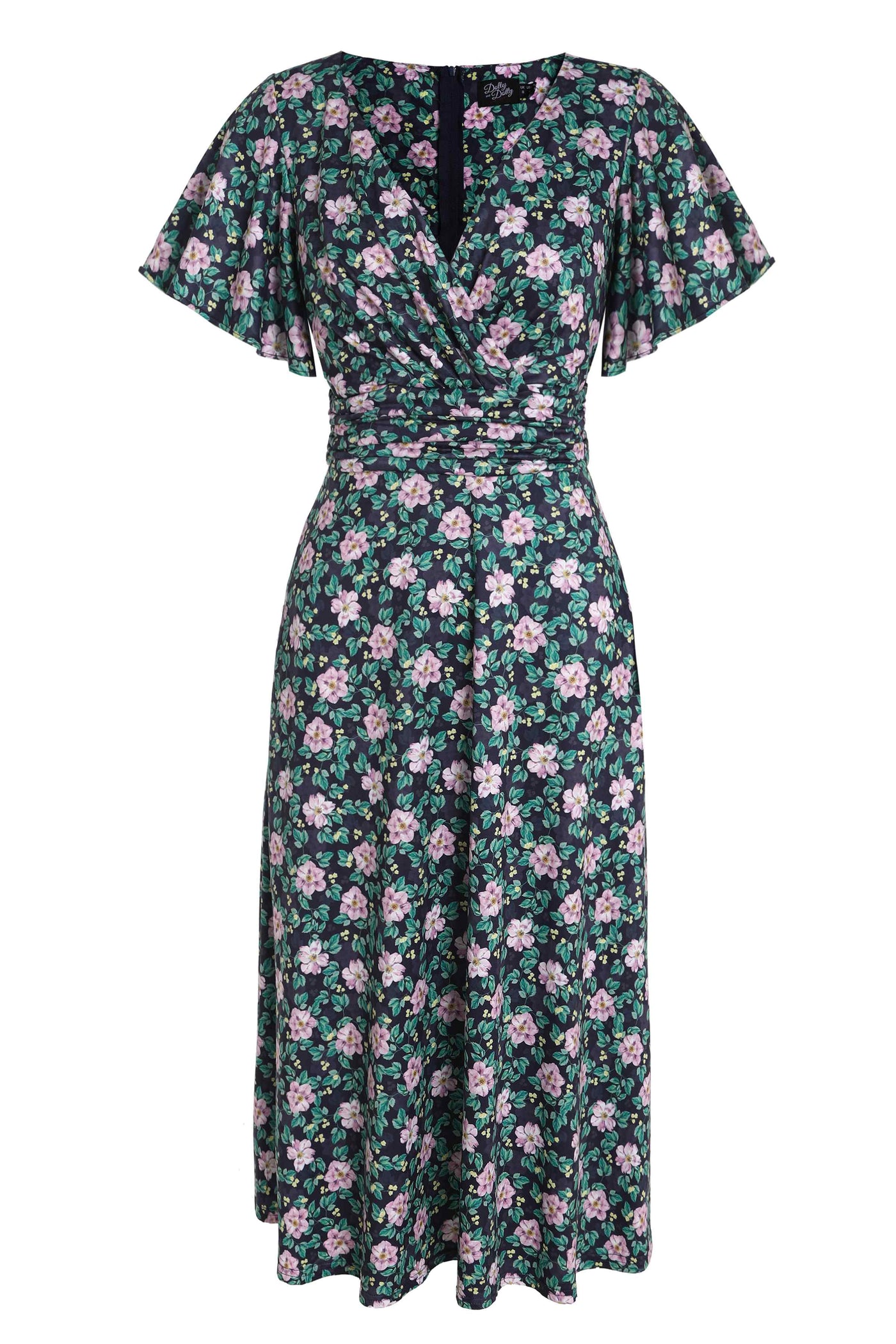 Front View of Purple Floral Ruffled Casual Dress