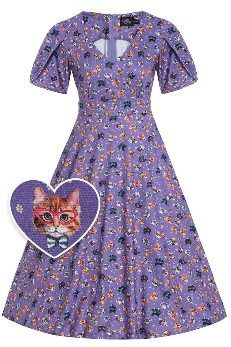 Janice Purple Nerdy Cat Tea Dress